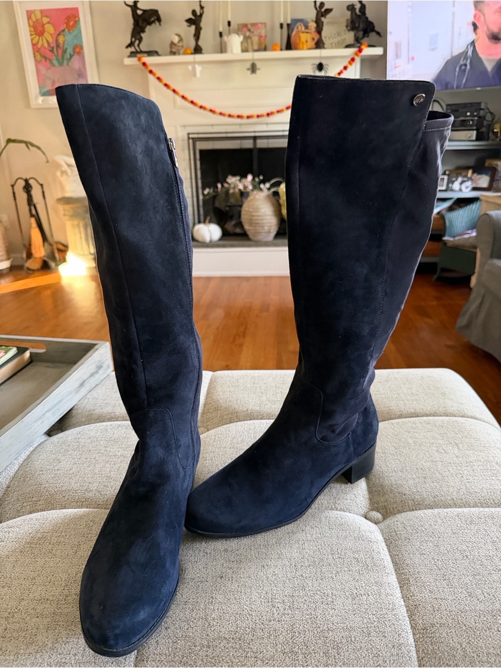 Marc Fisher Secrit Navy Suede Studded Tall Boots 10W | Wide Calf